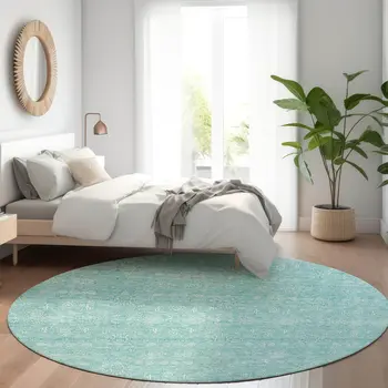 8' Aqua And Ivory Round Floral Washable Indoor Outdoor Area Rug