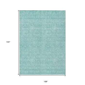 9' X 12' Aqua And Ivory Floral Washable Indoor Outdoor Area Rug