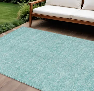 9' X 12' Aqua And Ivory Floral Washable Indoor Outdoor Area Rug
