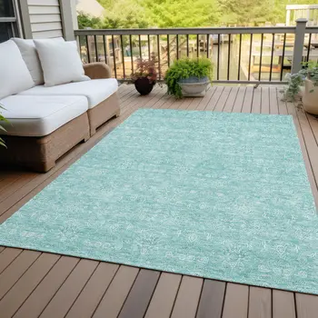 9' X 12' Aqua And Ivory Floral Washable Indoor Outdoor Area Rug