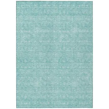 9' X 12' Aqua And Ivory Floral Washable Indoor Outdoor Area Rug