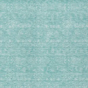 9' X 12' Aqua And Ivory Floral Washable Indoor Outdoor Area Rug