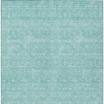 9' X 12' Aqua And Ivory Floral Washable Indoor Outdoor Area Rug