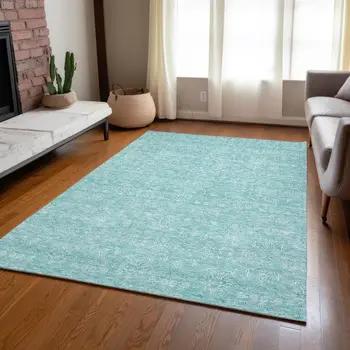 9' X 12' Aqua And Ivory Floral Washable Indoor Outdoor Area Rug