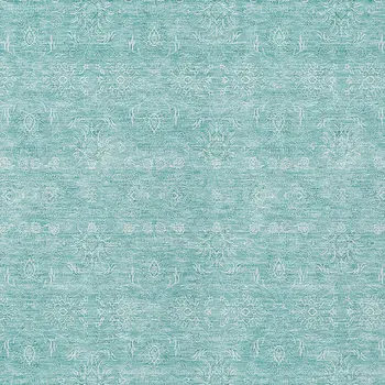 10' X 14' Aqua And Ivory Floral Washable Indoor Outdoor Area Rug