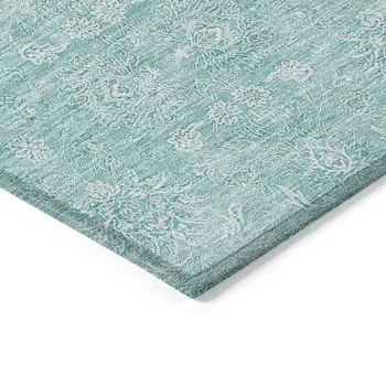 10' X 14' Aqua And Ivory Floral Washable Indoor Outdoor Area Rug