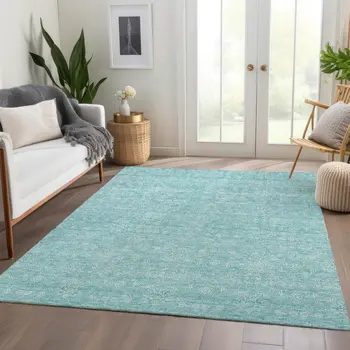 10' X 14' Aqua And Ivory Floral Washable Indoor Outdoor Area Rug
