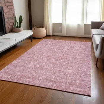 5' X 8' Blush Pink And Ivory Floral Washable Indoor Outdoor Area Rug
