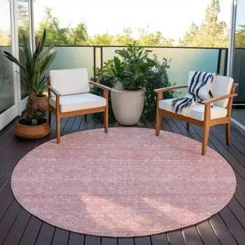 8' Blush Pink And Ivory Round Floral Washable Indoor Outdoor Area Rug