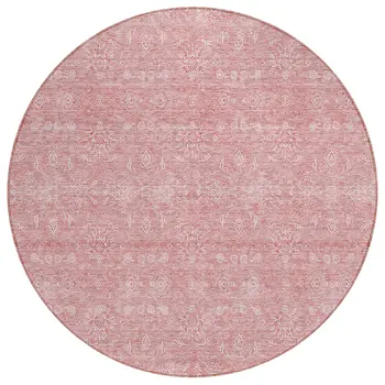 8' Blush Pink And Ivory Round Floral Washable Indoor Outdoor Area Rug