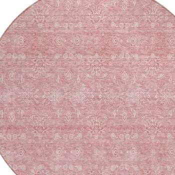 8' Blush Pink And Ivory Round Floral Washable Indoor Outdoor Area Rug