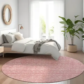 8' Blush Pink And Ivory Round Floral Washable Indoor Outdoor Area Rug