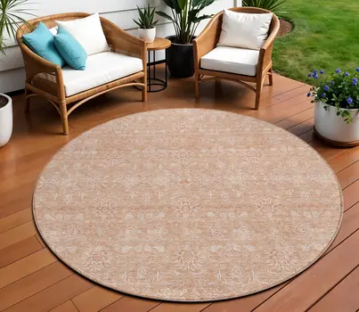 8' Copper And Beige Round Floral Washable Indoor Outdoor Area Rug