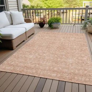 9' X 12' Copper And Beige Floral Washable Indoor Outdoor Area Rug