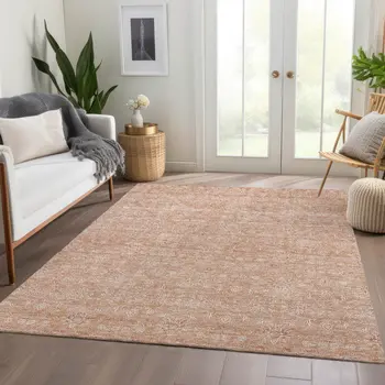 9' X 12' Copper And Beige Floral Washable Indoor Outdoor Area Rug