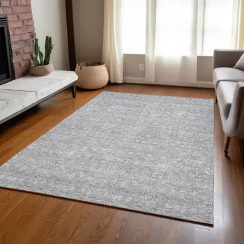 10' X 14' Gray Silver And Ivory Floral Washable Indoor Outdoor Area Rug