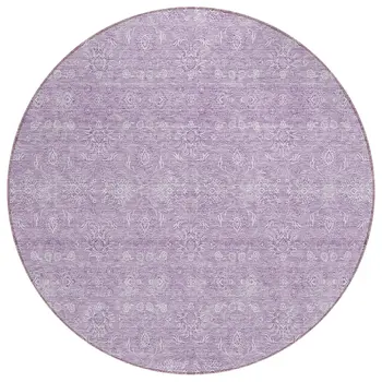 8' Lavender Lilac And Ivory Round Floral Washable Indoor Outdoor Area Rug