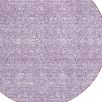 8' Lavender Lilac And Ivory Round Floral Washable Indoor Outdoor Area Rug