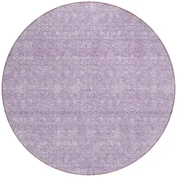 8' Lavender Lilac And Ivory Round Floral Washable Indoor Outdoor Area Rug