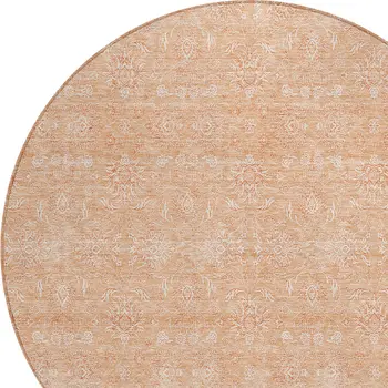 8' Peach And Ivory Round Floral Washable Indoor Outdoor Area Rug
