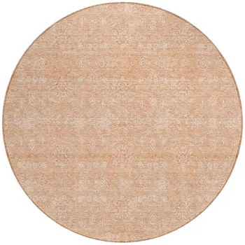 8' Peach And Ivory Round Floral Washable Indoor Outdoor Area Rug