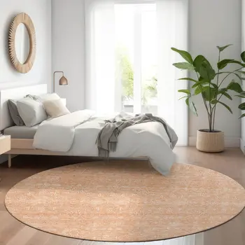 8' Peach And Ivory Round Floral Washable Indoor Outdoor Area Rug