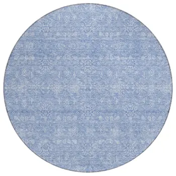 8' Sky Blue And Ivory Round Floral Washable Indoor Outdoor Area Rug