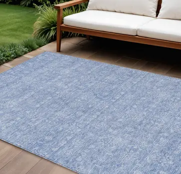 8' X 10' Sky Blue And Ivory Floral Washable Indoor Outdoor Area Rug