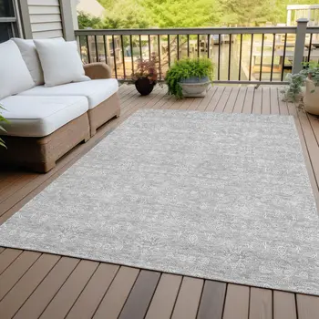 3' X 5' Silver Gray And Ivory Floral Washable Indoor Outdoor Area Rug