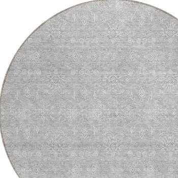8' Silver Gray And Ivory Round Floral Washable Indoor Outdoor Area Rug