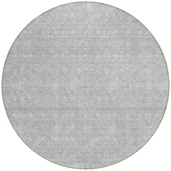 8' Silver Gray And Ivory Round Floral Washable Indoor Outdoor Area Rug