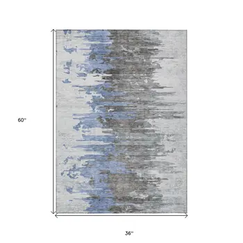 3' X 5' Blue Gray And Silver Abstract Washable Indoor Outdoor Area Rug