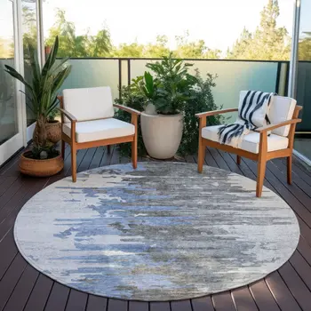 8' Blue Gray And Silver Round Abstract Washable Indoor Outdoor Area Rug