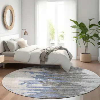 8' Blue Gray And Silver Round Abstract Washable Indoor Outdoor Area Rug