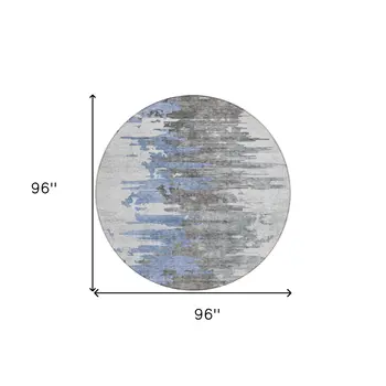 8' Blue Gray And Silver Round Abstract Washable Indoor Outdoor Area Rug