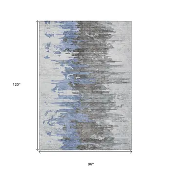 8' X 10' Blue Gray And Silver Abstract Washable Indoor Outdoor Area Rug