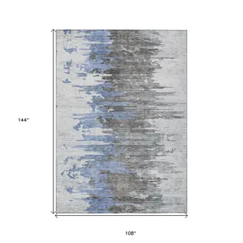 9' X 12' Blue Gray And Silver Abstract Washable Indoor Outdoor Area Rug