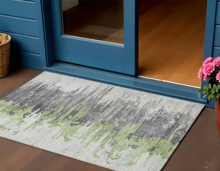 3' X 5' Green And Silver Abstract Washable Indoor Outdoor Area Rug