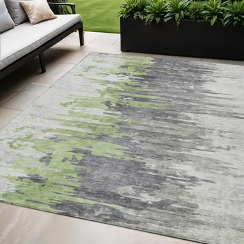 5' X 8' Green And Silver Abstract Washable Indoor Outdoor Area Rug
