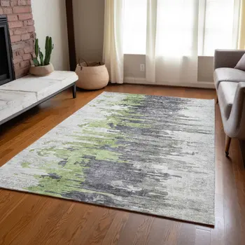 5' X 8' Green And Silver Abstract Washable Indoor Outdoor Area Rug