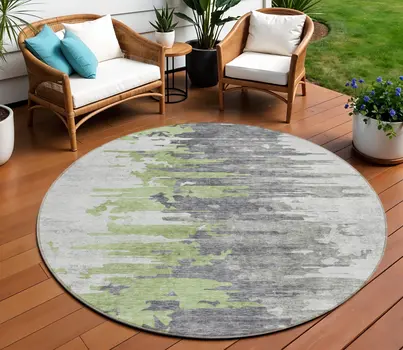 8' Green And Silver Round Abstract Washable Indoor Outdoor Area Rug