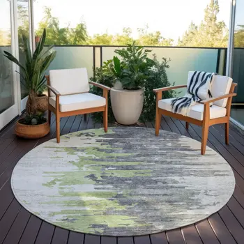 8' Green And Silver Round Abstract Washable Indoor Outdoor Area Rug