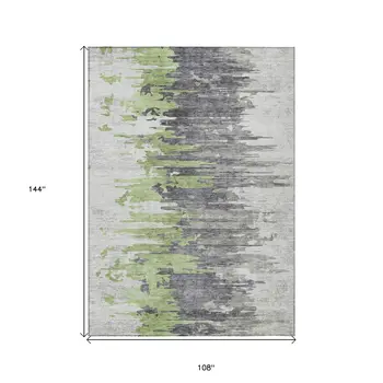9' X 12' Green And Silver Abstract Washable Indoor Outdoor Area Rug