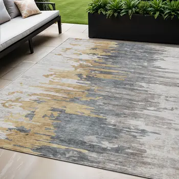 5' X 8' Ivory Charcoal And Silver Abstract Washable Indoor Outdoor Area Rug