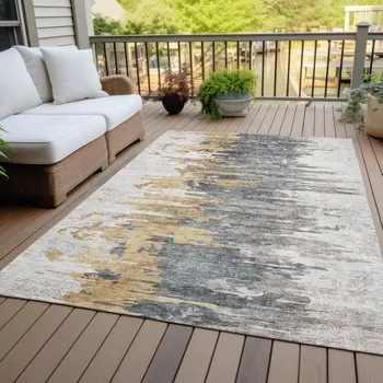 8' X 10' Ivory Charcoal And Silver Abstract Washable Indoor Outdoor Area Rug