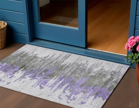 3' X 5' Purple Ivory And Charcoal Abstract Washable Indoor Outdoor Area Rug