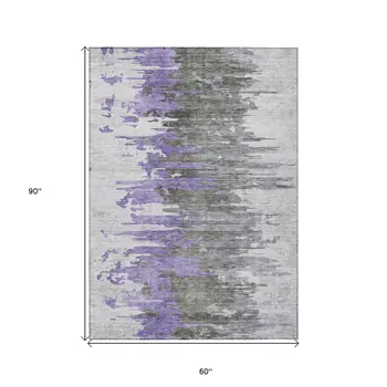 5' X 8' Purple Ivory And Charcoal Abstract Washable Indoor Outdoor Area Rug