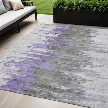 5' X 8' Purple Ivory And Charcoal Abstract Washable Indoor Outdoor Area Rug