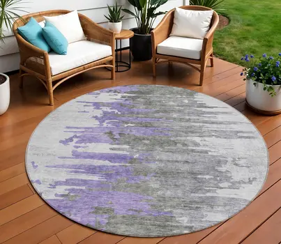8' Purple Ivory And Charcoal Round Abstract Washable Indoor Outdoor Area Rug