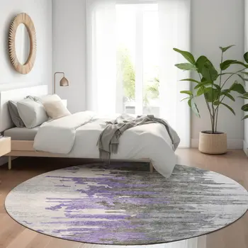 8' Purple Ivory And Charcoal Round Abstract Washable Indoor Outdoor Area Rug